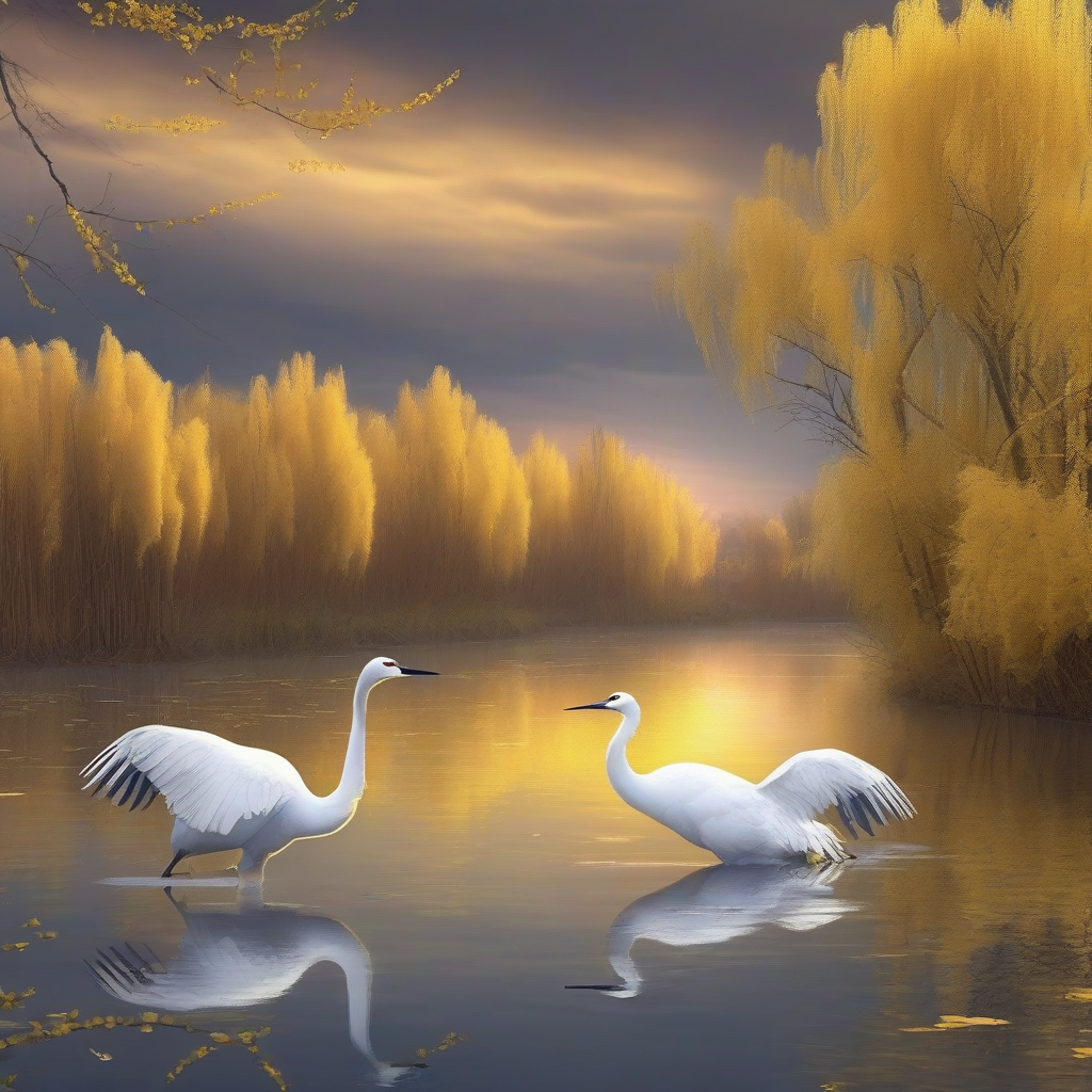 黄昏的江面上有一群白鹤,两岸旁有金丝柳