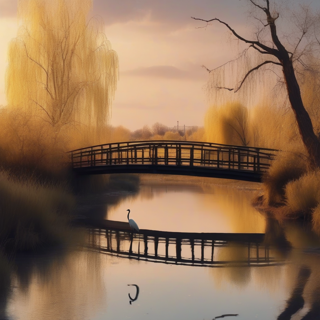 黄昏的江面上有一群白鹤,两岸旁有金丝柳