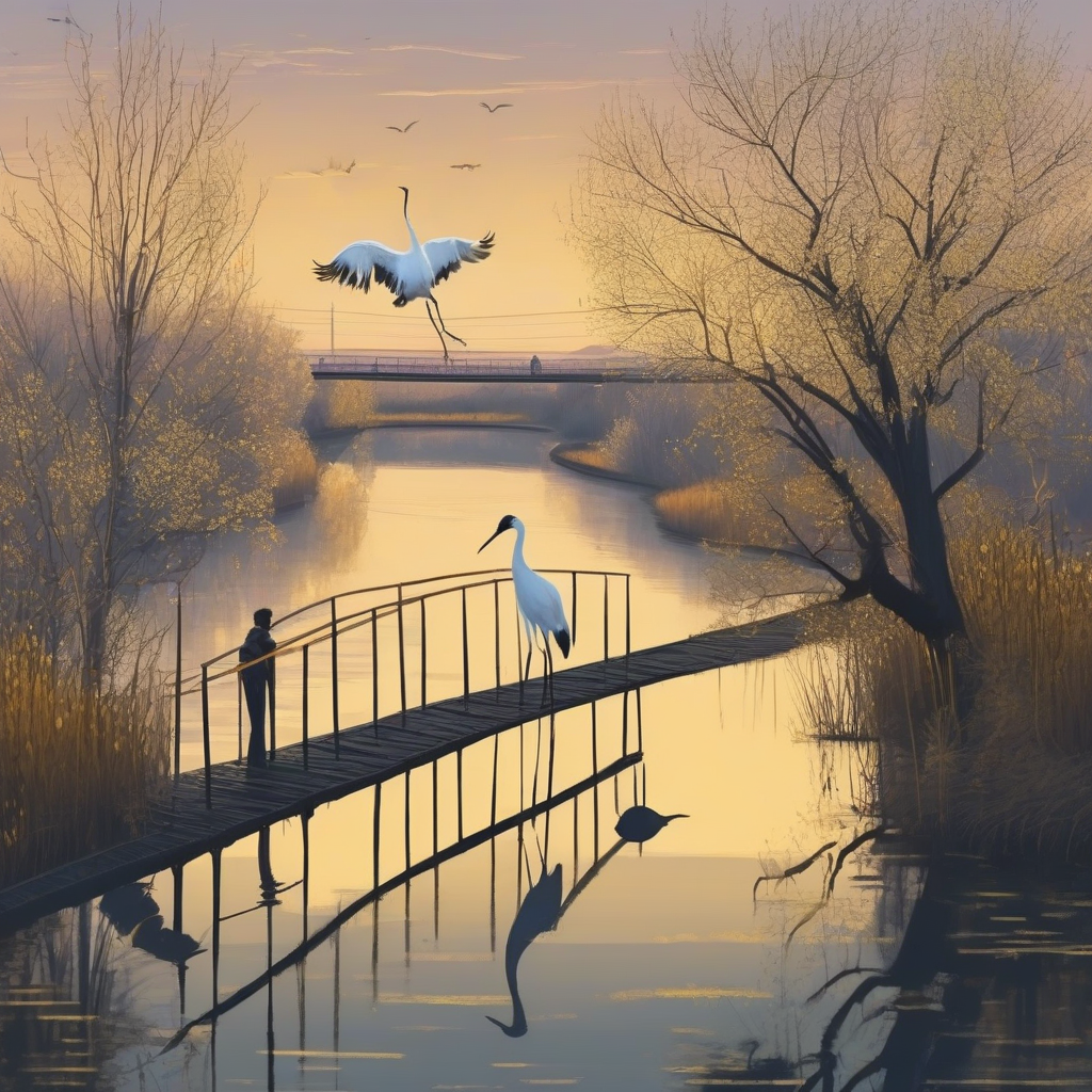 黄昏的江面上有一群白鹤,两岸旁有金丝柳