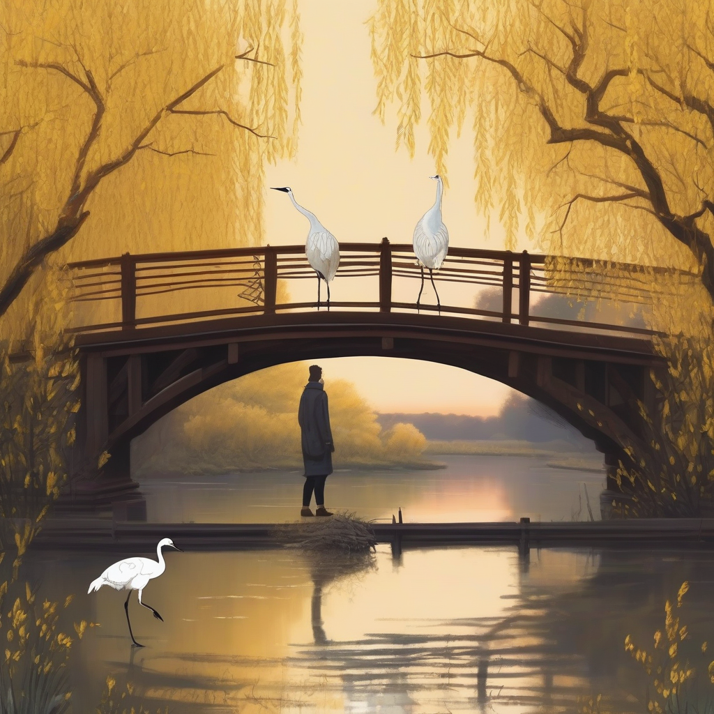 黄昏的江面上有一群白鹤,两岸旁有金丝柳